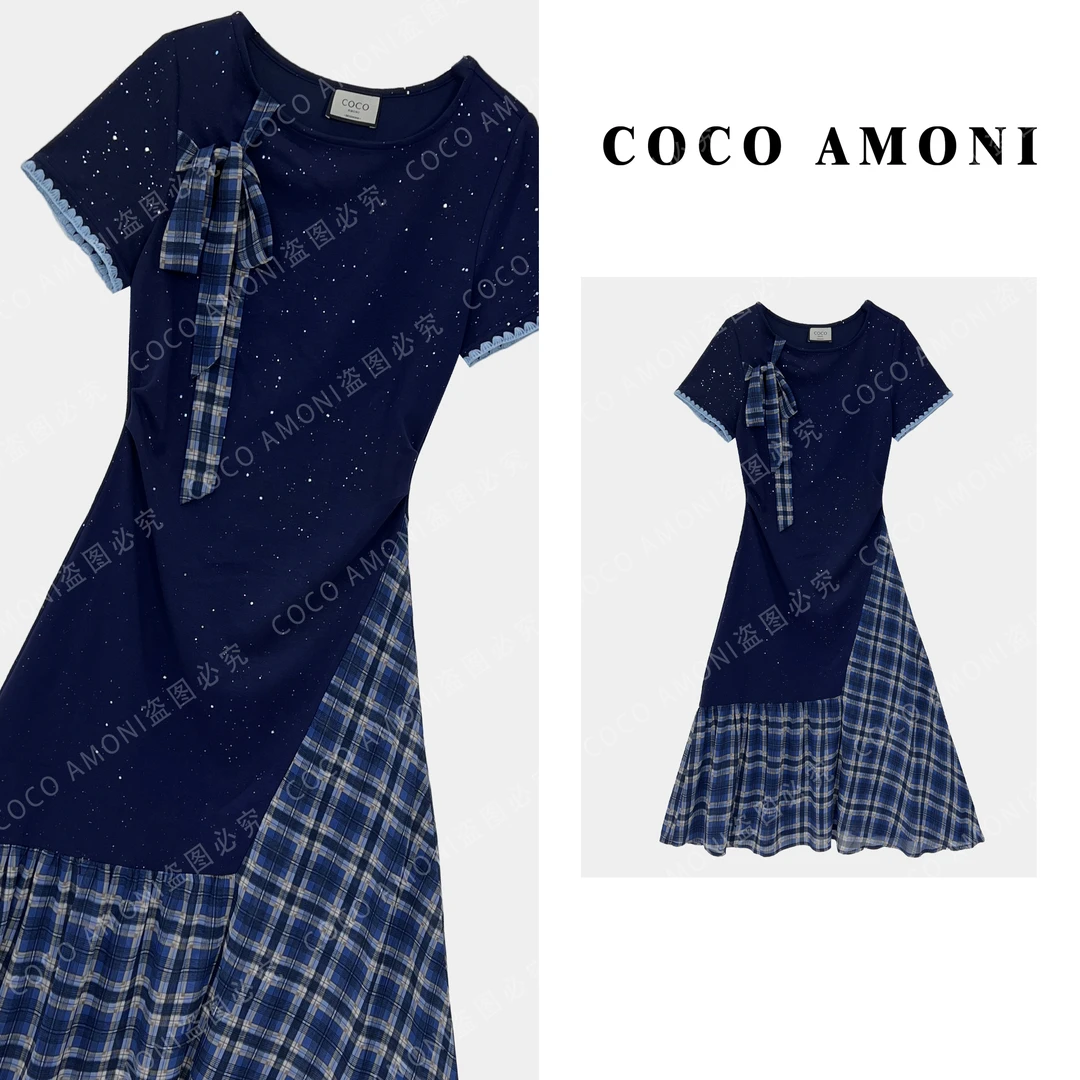 新款设计高级感时尚女装拼接重工蝴蝶结气质显瘦连衣裙AC578