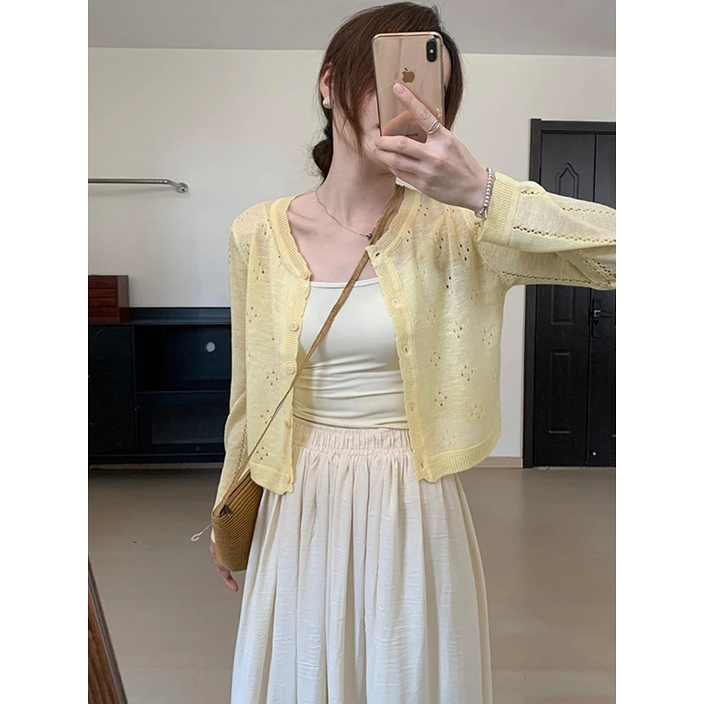奶黄色镂空冰丝针织防晒开衫外套女夏季配吊带裙子外搭罩衫上衣薄