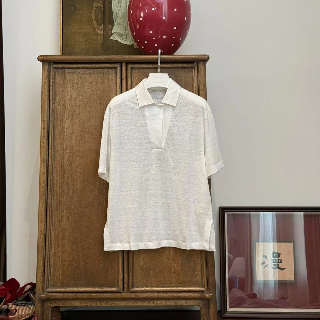 MYL 2025年夏季新款软亚麻白色T恤半开领一粒扣翻领微透翻领T恤