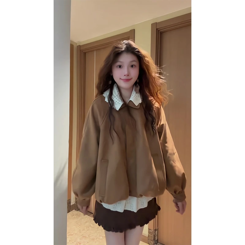 2025新款女士早秋季设计感宽松花边领夹克外套上衣高腰显瘦半身裙