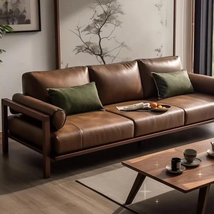 北美黑胡桃木实木家用客厅沙发新款轻奢现代简约皮艺直排沙发