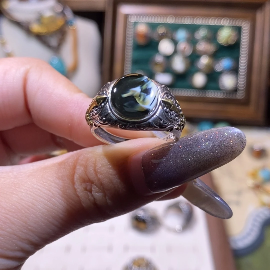 废***n琥珀银S925镶嵌戒指戒指