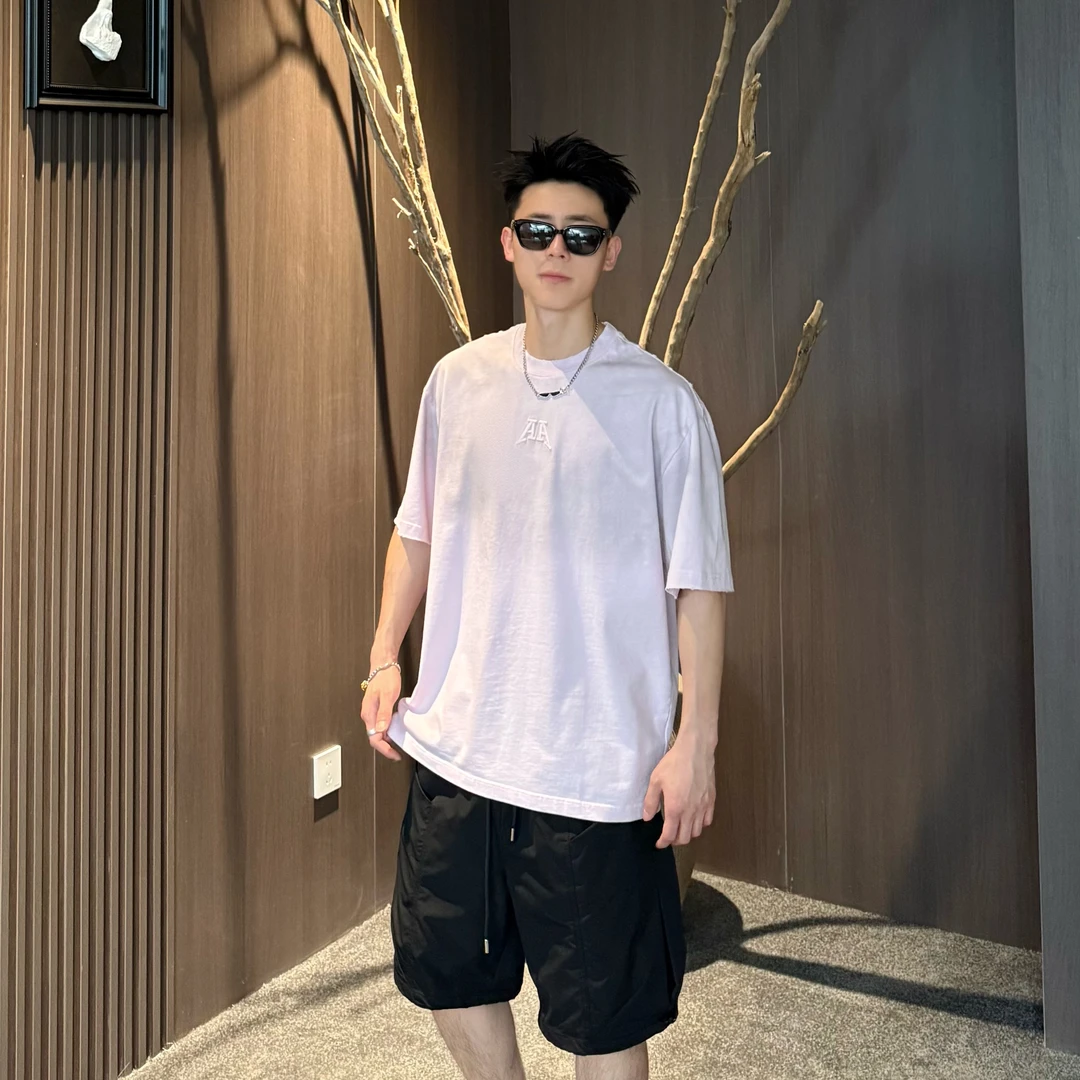 AAL2025夏季新品美式简约纯棉晕染水洗百搭刺绣T恤074