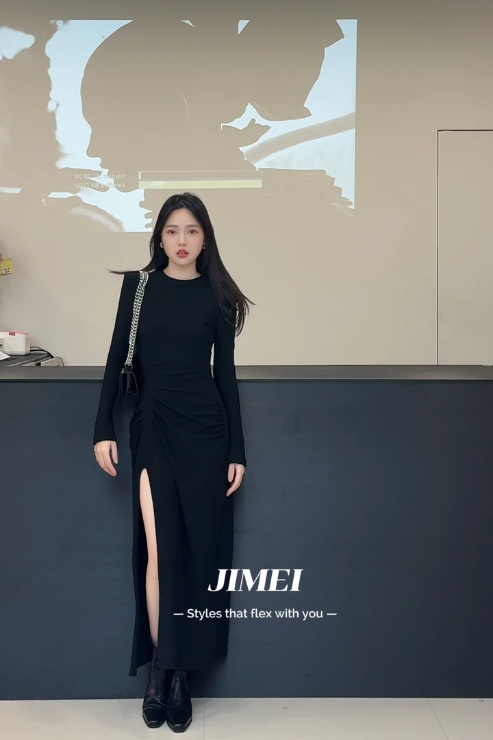 JIMEIF 2025新款高级感气质开叉包臀连衣裙