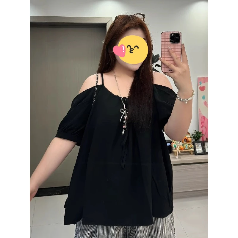 大码微胖吊带短袖衬衫女夏季新款减龄一字肩衬衣胖MM遮肉显瘦上衣