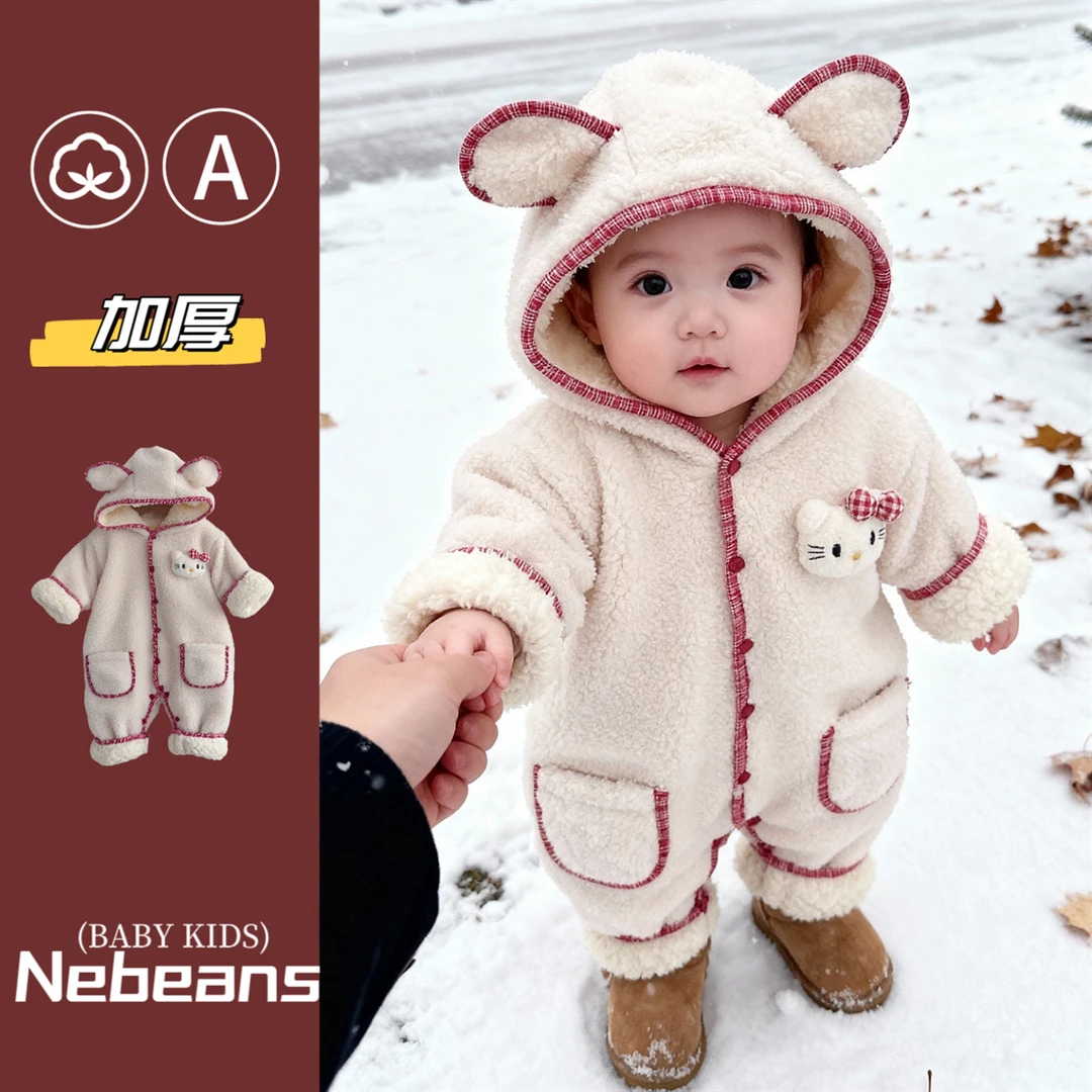 25冬季加厚0-2岁保暖婴儿连帽防风哈衣女宝冬天洋气外出衣服爬服