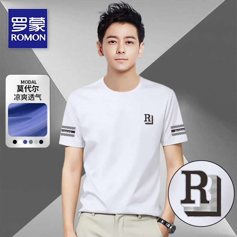 罗蒙冰丝短袖t恤男装夏季新款宽松印花莫代尔体恤休闲潮流上衣服
