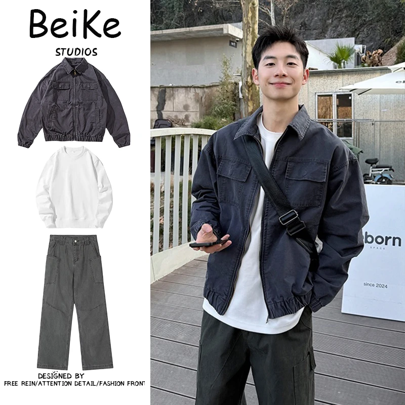 装/纯色翻领三件套夹克男春秋季新款工装外套百搭套装男款秋冬款