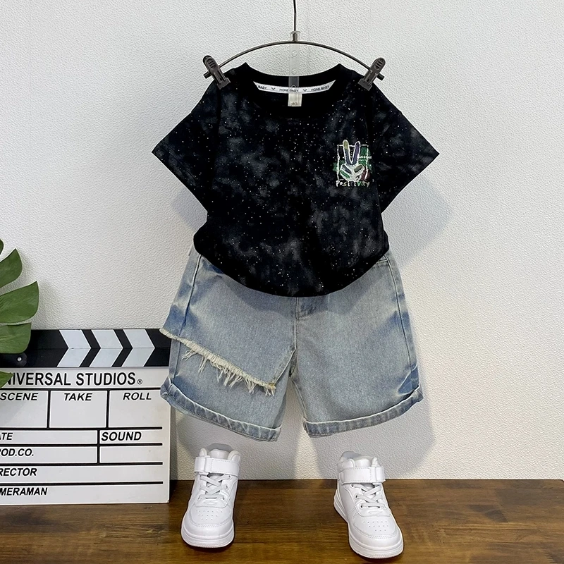 男童夏装短袖套装洋气儿童薄款牛仔短裤2025新款时髦宝宝炸街童装
