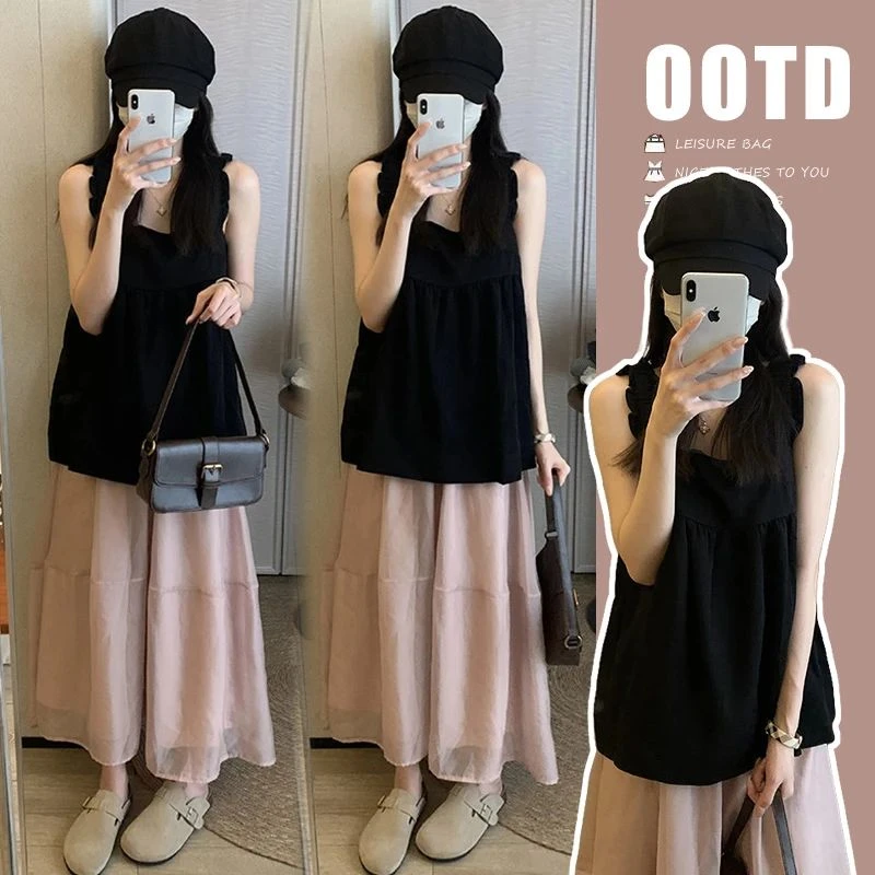 时髦孕妇套装夏装新款2025时尚韩版显瘦方领吊带上衣加网纱半身裙