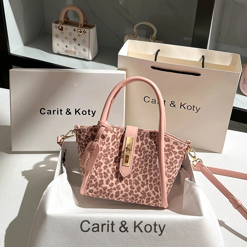 CARIT KOTY小众多巴胺风粉色水桶包包女爆款2025豹纹手提斜挎小包