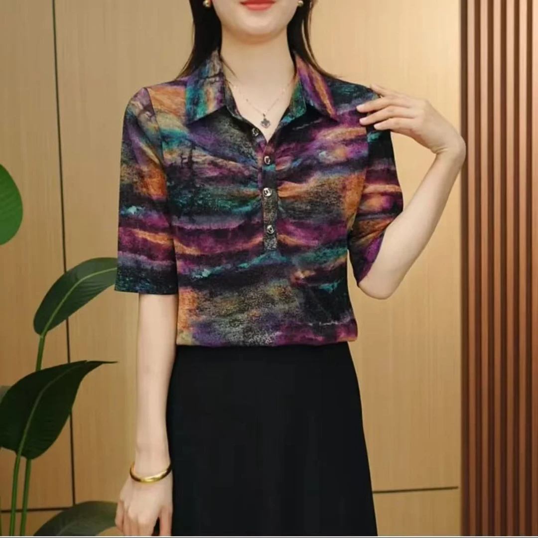 夏季新款时尚洋气翻领短袖T恤彩条宽松显瘦减龄休闲百搭印花上衣