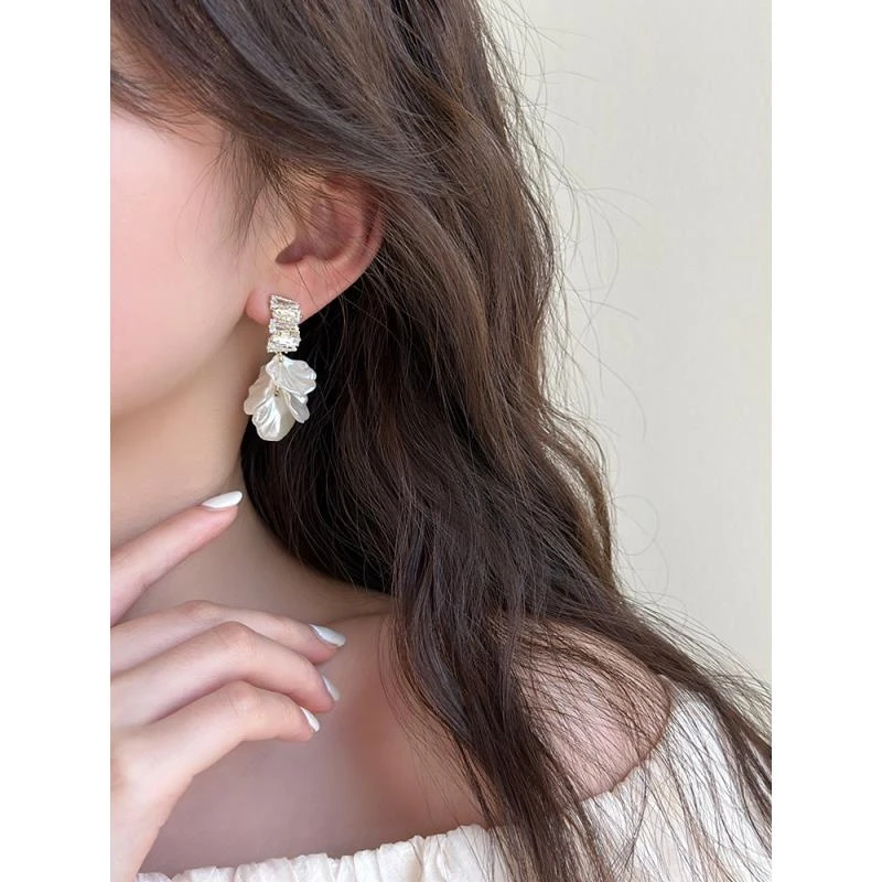 铜合金大理石耳饰 流苏贝壳花朵耳环小众设计感高级耳坠无耳洞