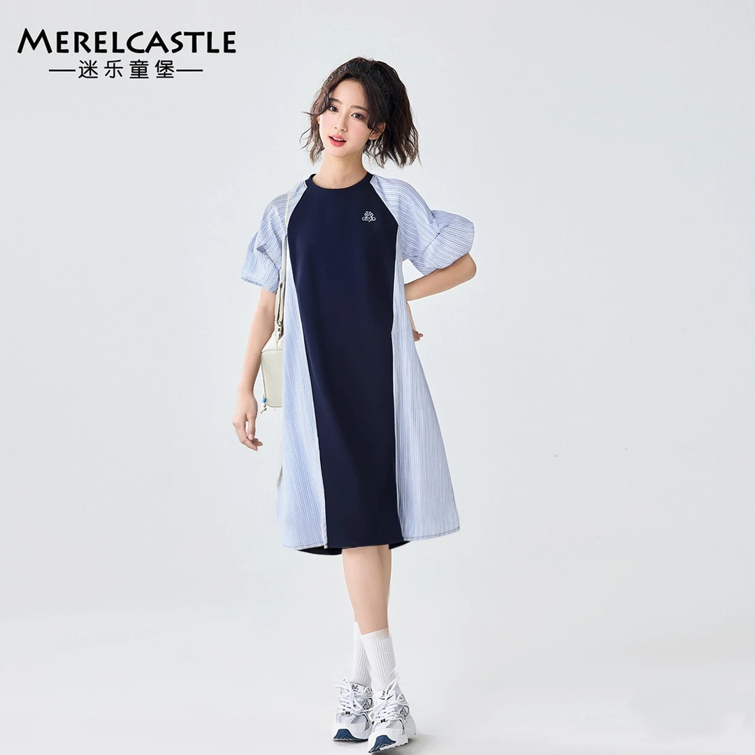 C5728女大童拼接竖纹连衣裙