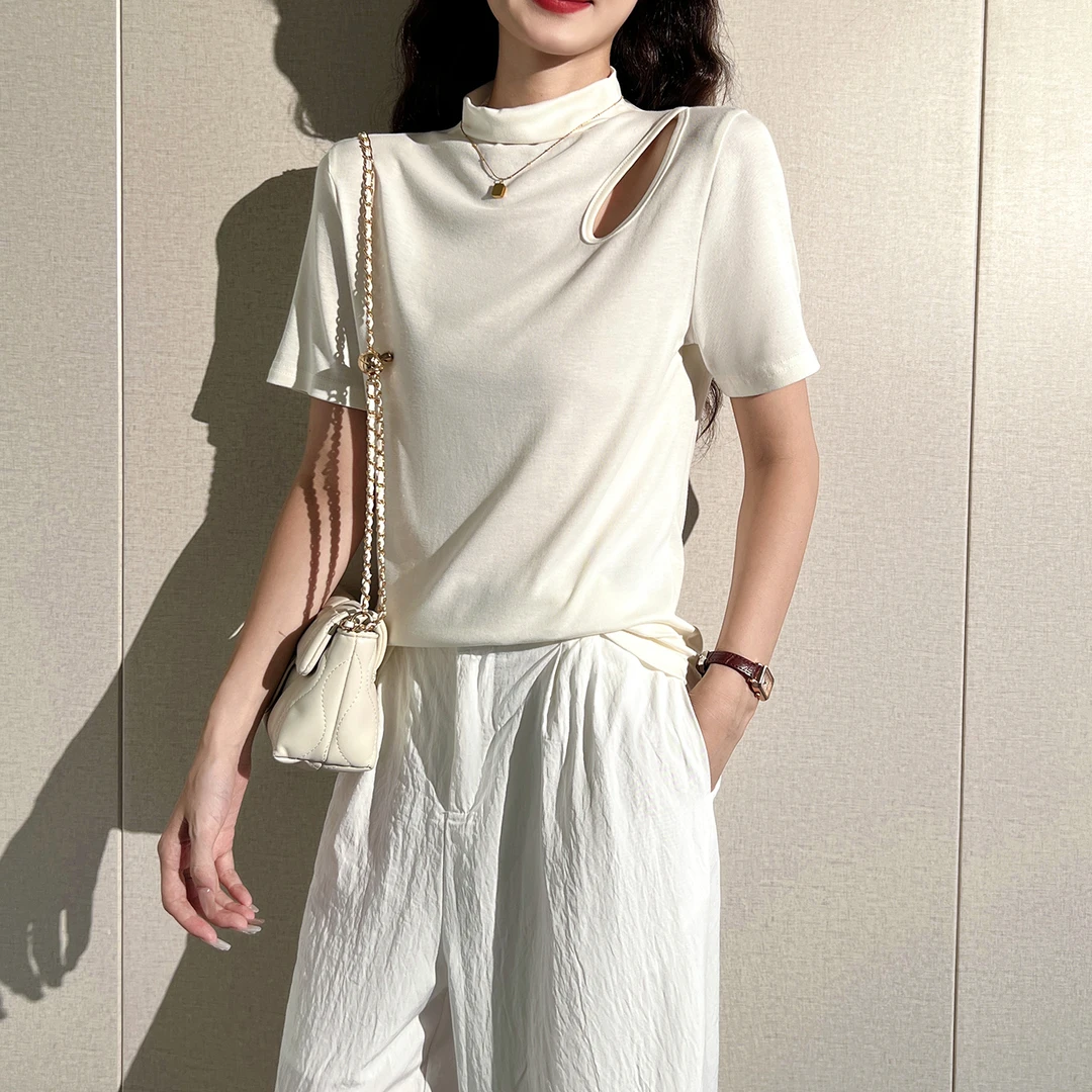 半高领镂空短袖T恤女早秋新款正肩立领体恤小心机设计感上衣