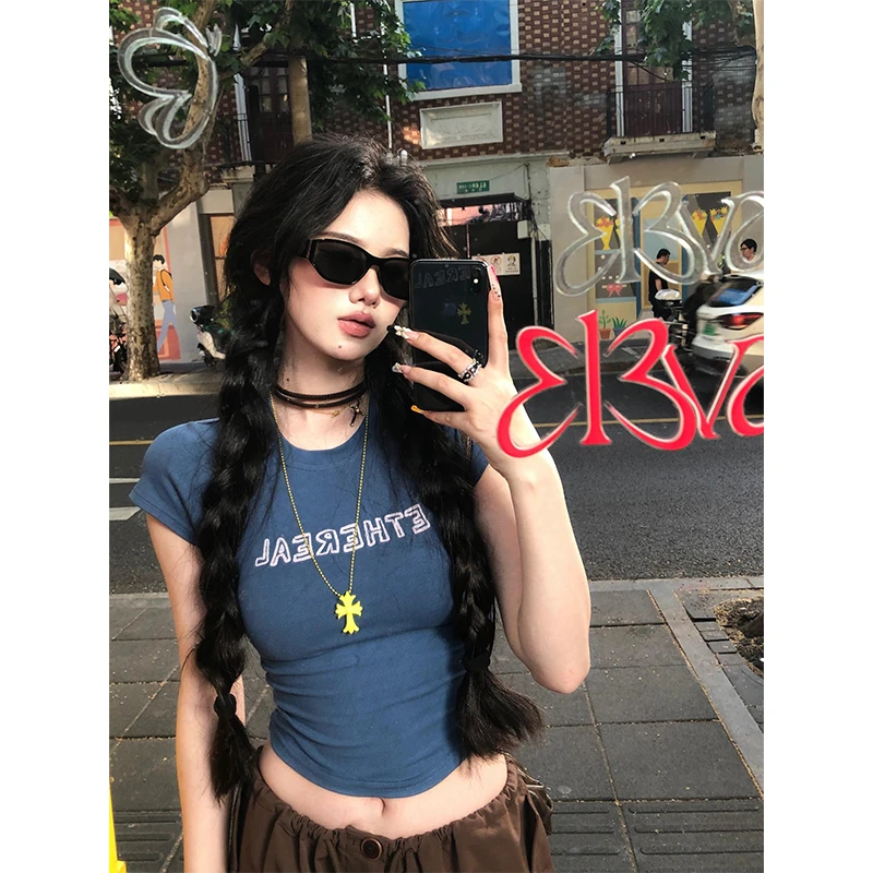 短袖印花T恤女夏季新款修身显瘦辣妹上衣美式复古工装裤子两件套