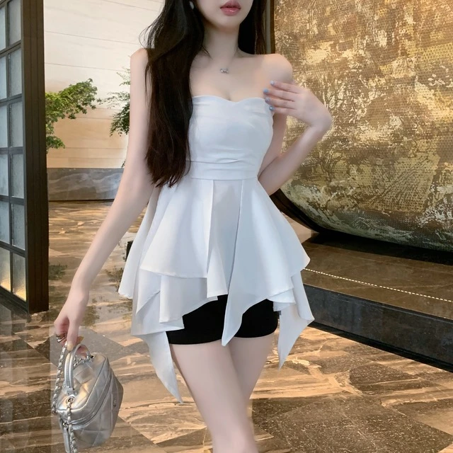 不规则荷叶边吊带背心女外穿夏季泰式甜辣妹一字肩抹胸上衣高级感