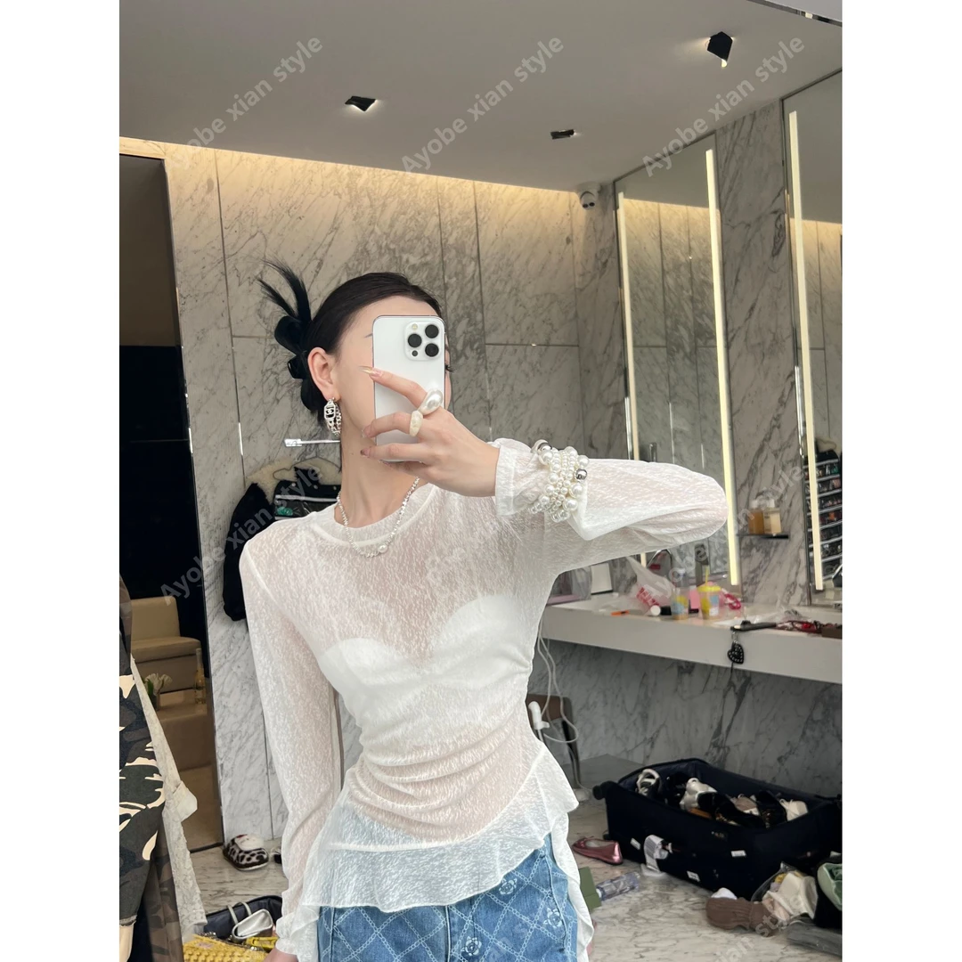 【Ayobe】冰岛风白~小众高级感蕾丝网纱飘带下摆简单高级气质长袖