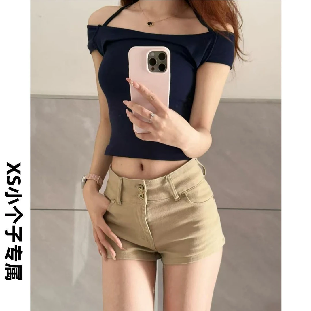 小个子低腰卡其色美式夏季牛仔休闲短裤热裤辣妹紧身显瘦a字裤