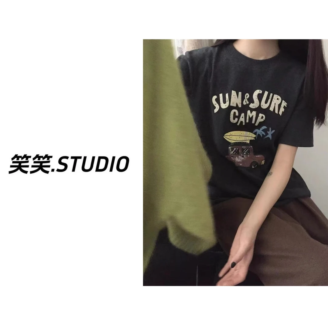 笑笑-【小汽车磨毛T】2025韩系复古风格美式卡通汽车印花短袖T恤
