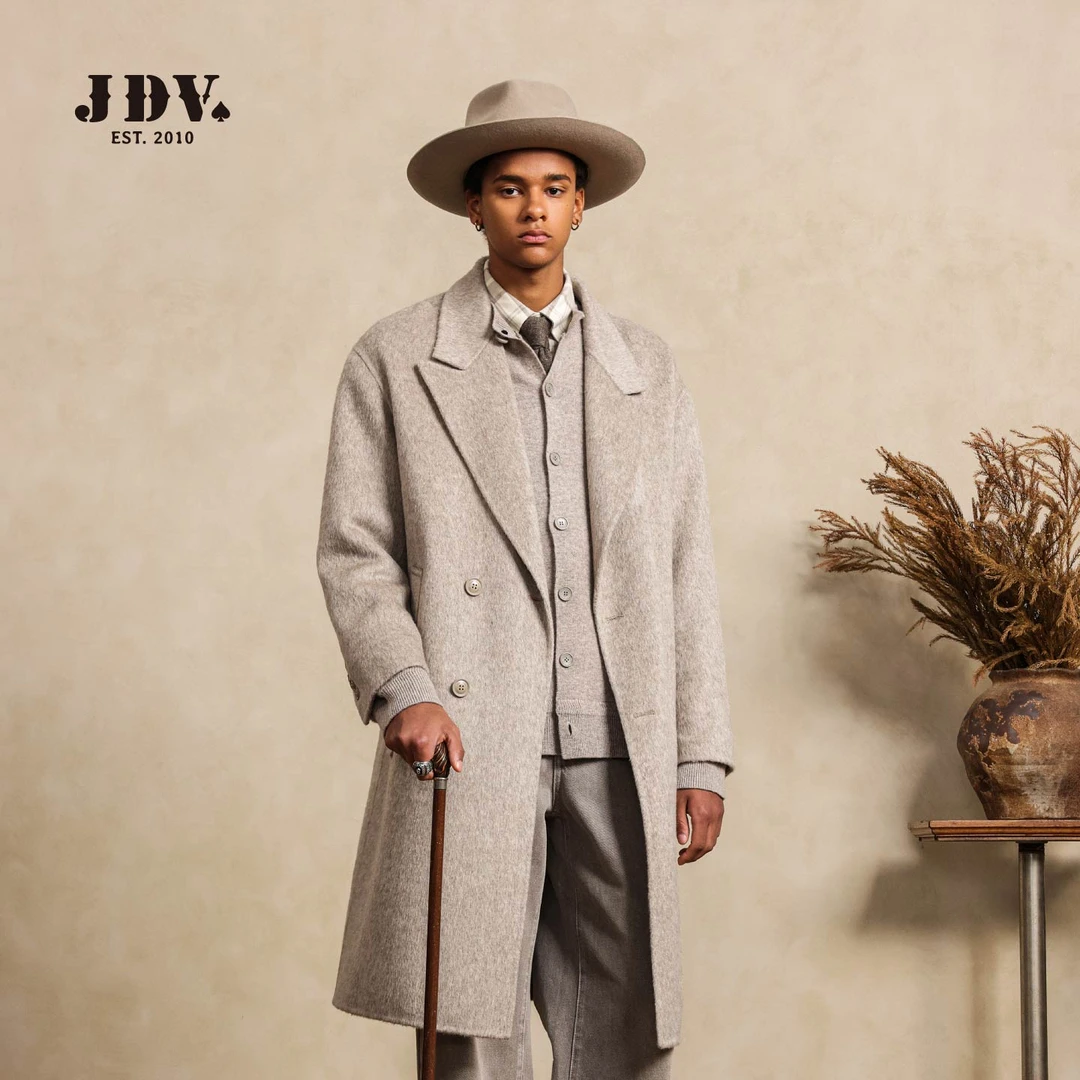 JDV男装重磅蚕丝牦牛绒复古双排扣大衣过膝冬季绵羊毛男士外套