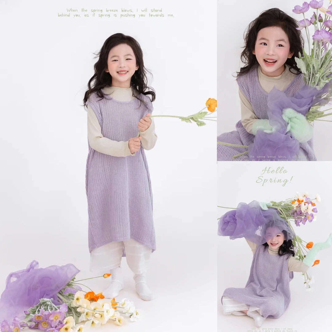 新款儿童摄影服装春天紫色毛衣女孩艺术照拍摄服装影楼写真手捧花
