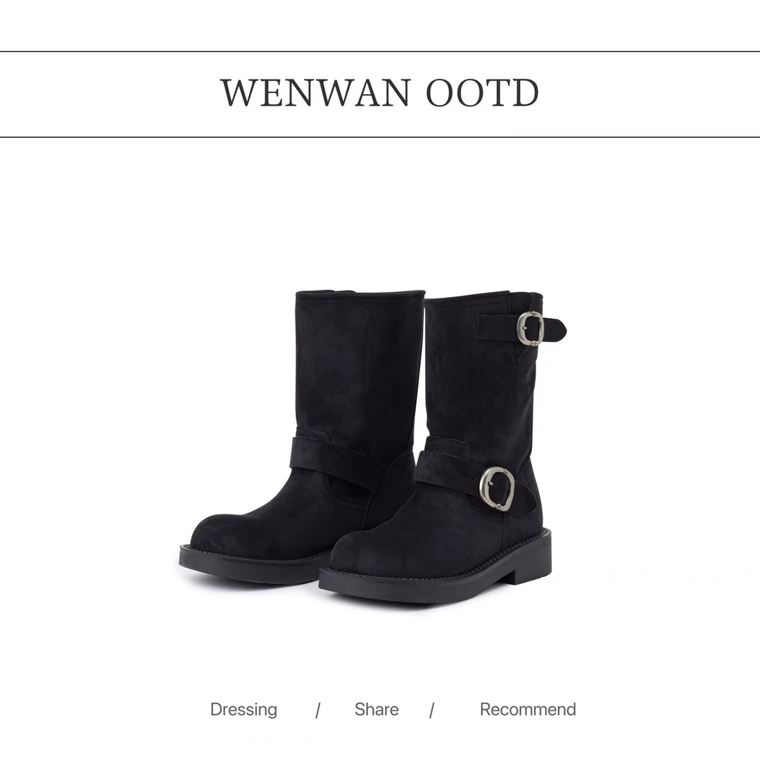 203-NO退NO换【堆堆靴 炸街girl～】复古金属扣厚底黑色中筒堆堆靴子