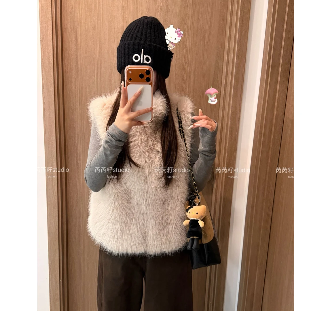 人造皮草 仿皮草马甲 立领毛毛马甲女宽松百搭秋冬毛毛背心外套