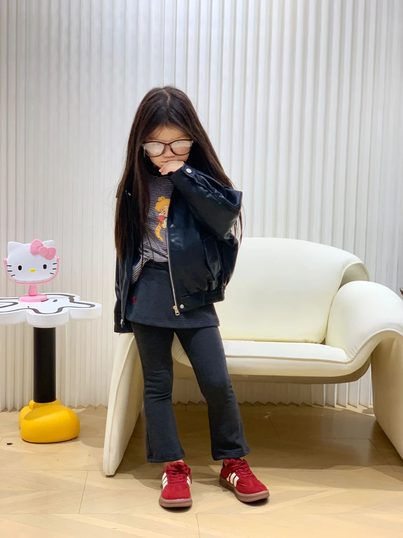 【秋】儿童黑色皮衣外套+美少女长袖+黑灰色屁帘休闲裤2025新款童装