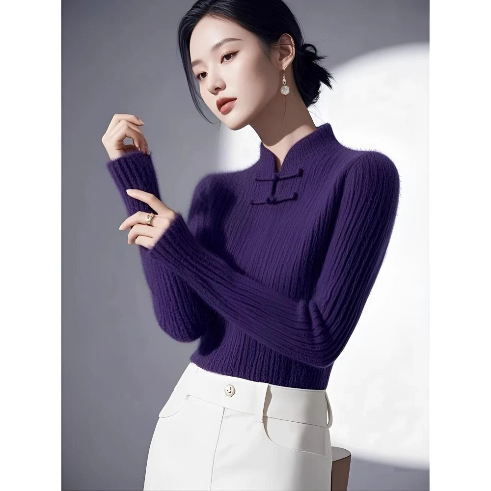 新中式国风盘扣紫色毛衣女2024秋冬新款修身显瘦复古气质针织上衣