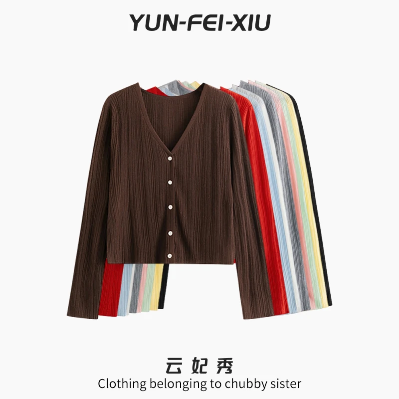 云妃秀大码女装针织衫时尚韩版V领开衫上衣微胖显瘦通勤夏季22916