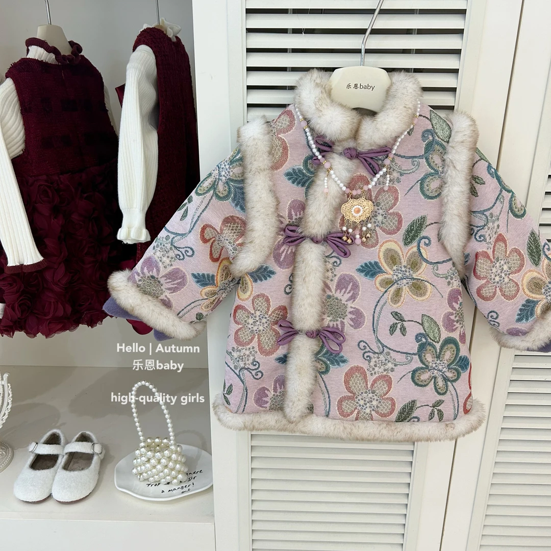 现货【乐恩童装】女童加绒加厚旗袍裙冬拜年服中式唐装汉服连衣裙套