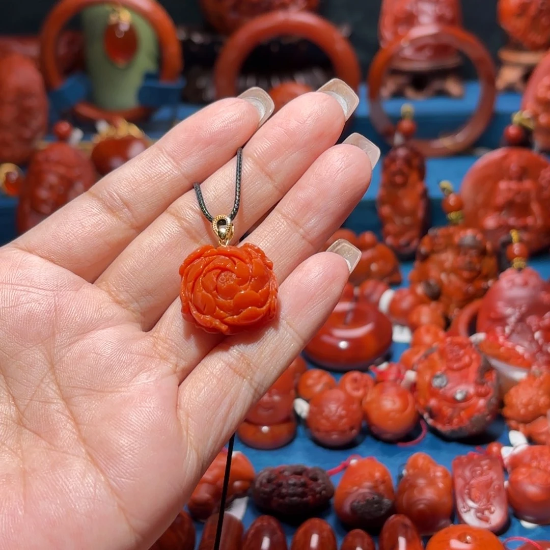 银S925镀金镶嵌雕刻南红玛瑙