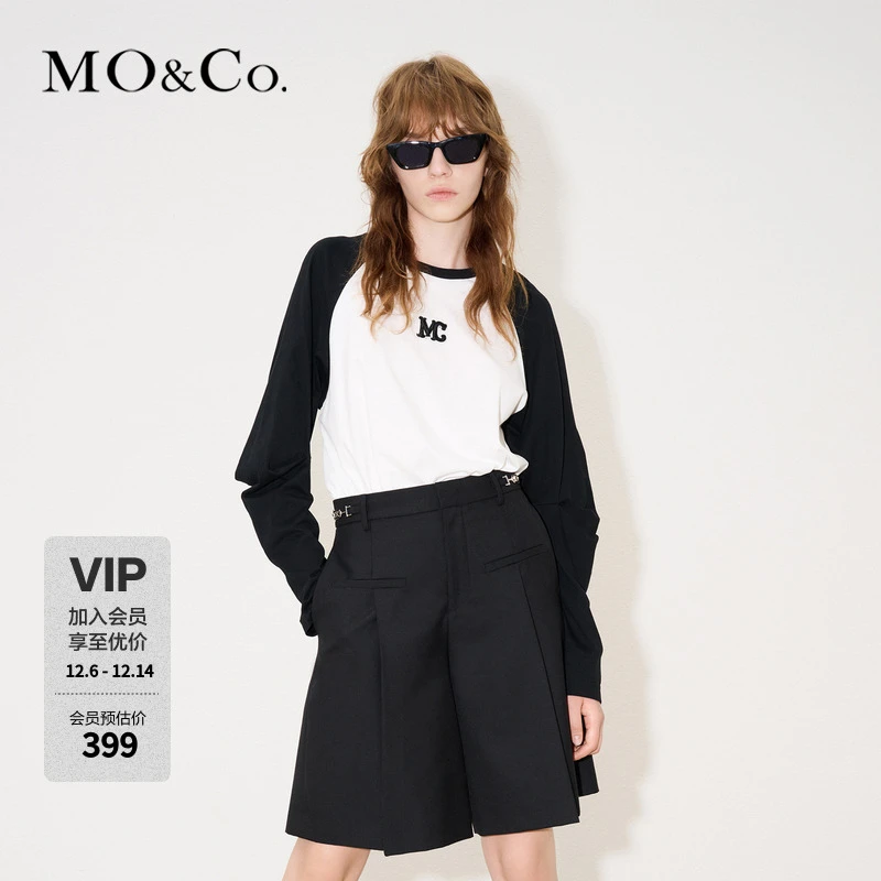 MOCO春夏MC刺绣立褶插肩袖长袖棉质宽松T恤MBC4TEET01