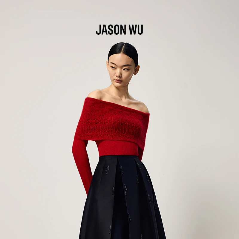 【绵羊毛】JASON WU2025秋冬新款优雅气质一字肩性感针织衫毛衫女