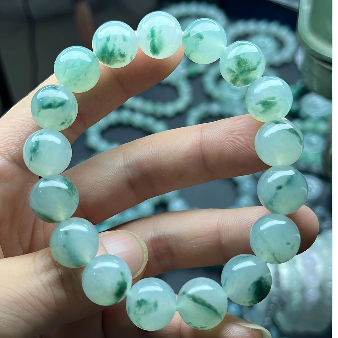缅甸翡翠A货男女款手串，冰胶飘花，青绿花卡12.4精美单圈百搭