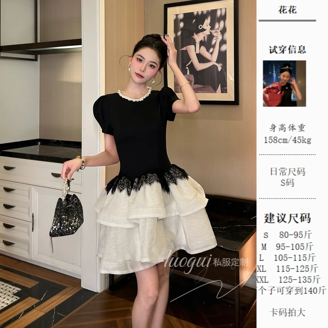 【花花原创】显瘦气质日常泡泡袖拼接时尚高腰设计感连衣裙21731