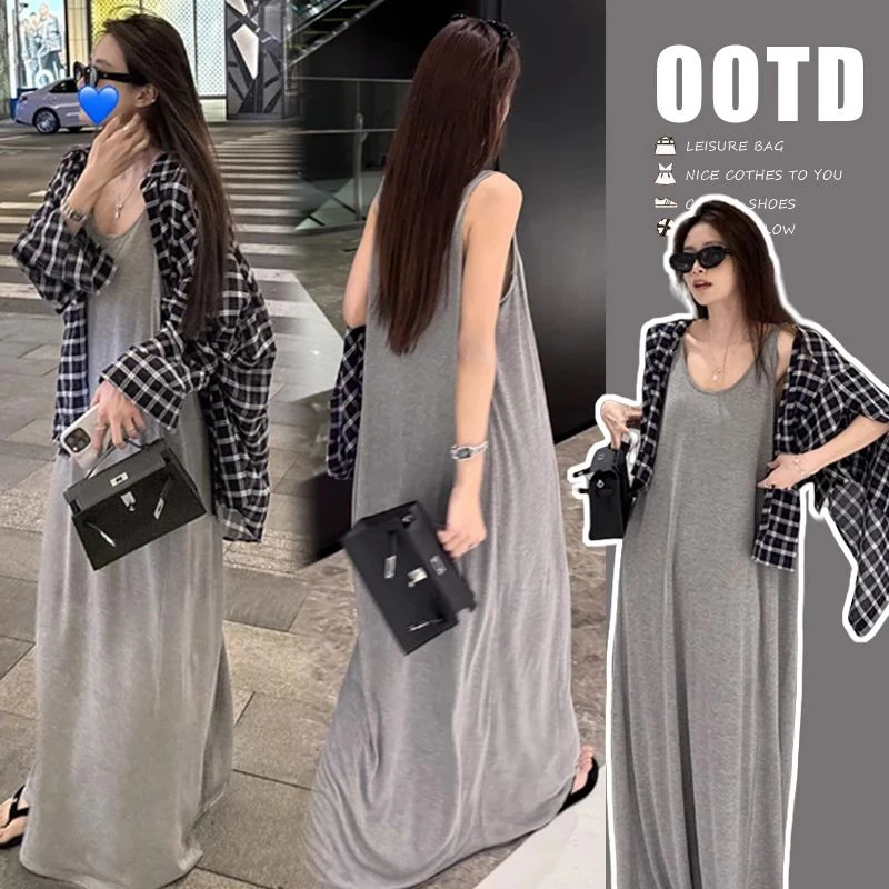 时髦孕妇套装夏装新款时尚慵懒风薄款格子防晒衬衫显瘦扭结背心裙