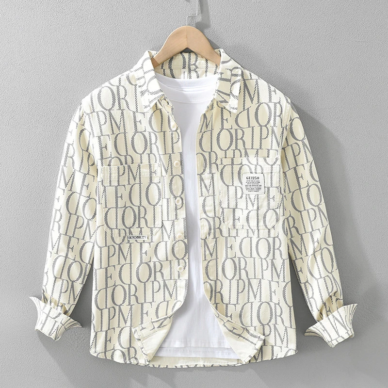 7565日系潮流印花长袖衬衫时尚百搭男士文艺休闲宽松上衣一件代发