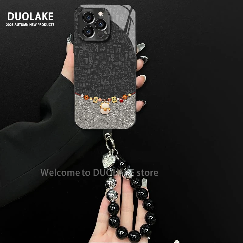 百福發财猫适用苹果vivo华为oppo小米iPhone17电镀玻璃防摔手机壳