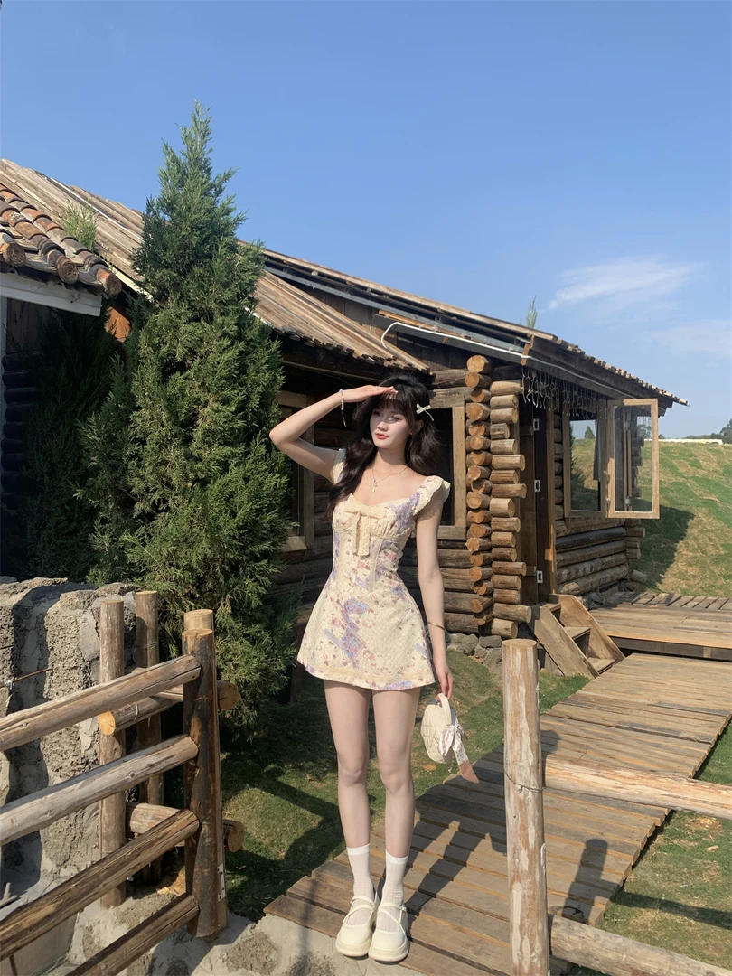 越韩小鱼长岛情书春游扎染小飞袖连衣裙显瘦A字短裙裙子女