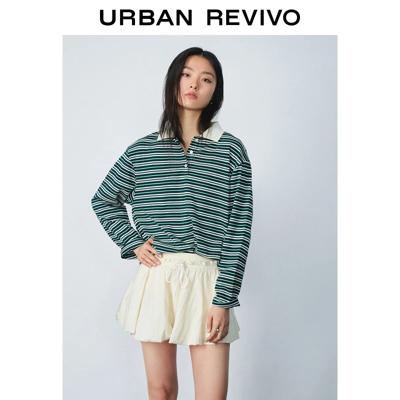 UR2025秋季新款女装复古休闲撞色条纹宽松长袖T恤UYU450048