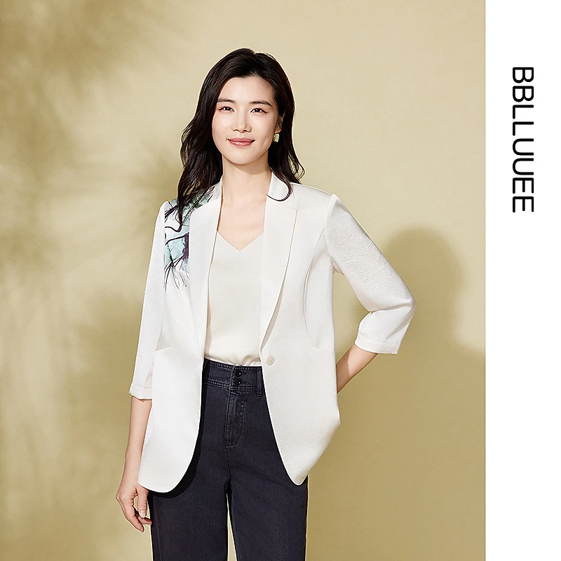 【晨晨精选】【艺术印花】BBLLUUEE粉蓝衣橱2025春装新款轻职场西装白