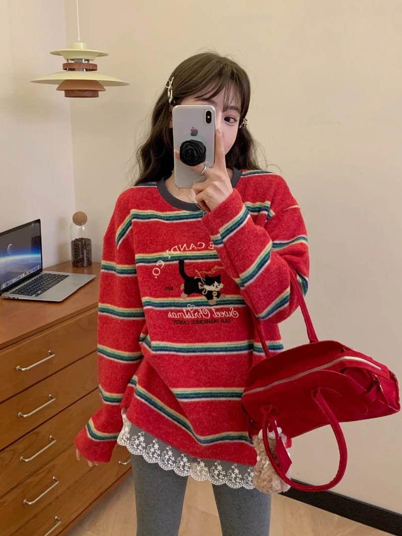 加绒蕾丝打底衫 小猫韩版休闲宽松时尚潮流百搭减龄长袖打底衫