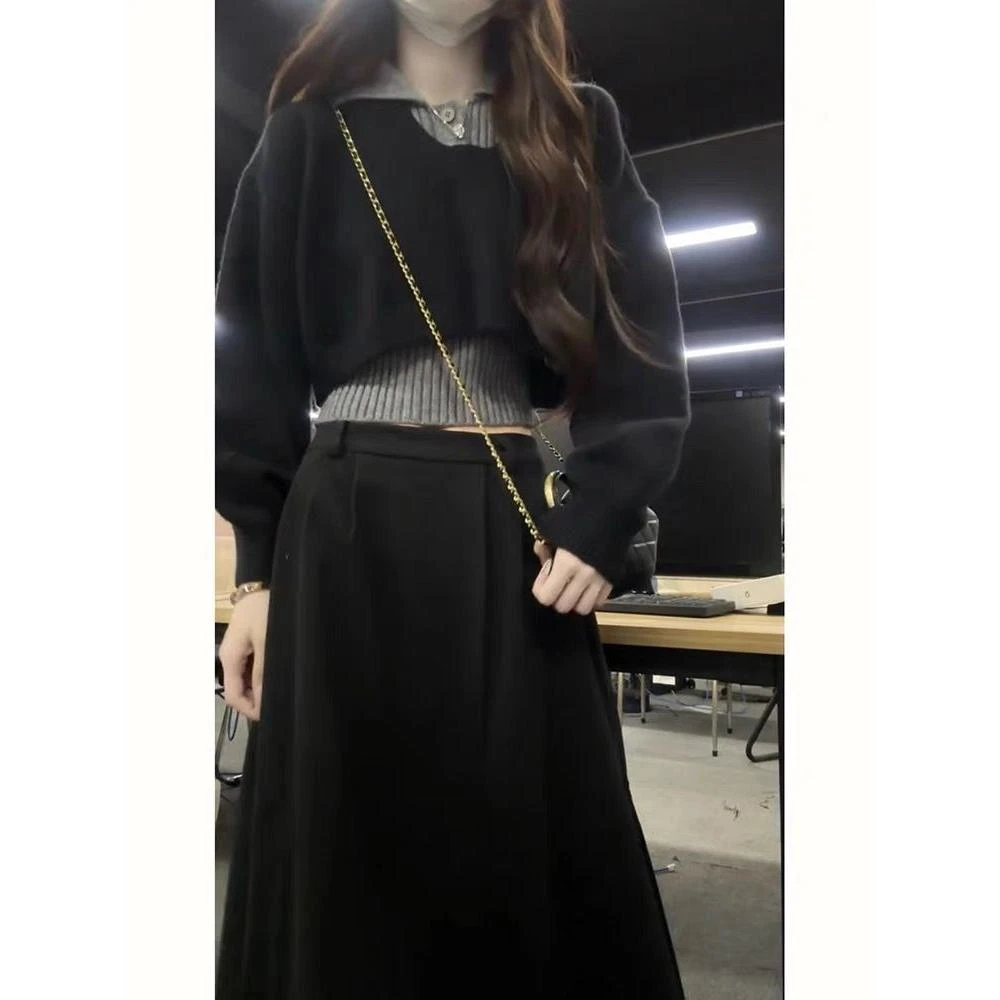 早秋穿搭黑色毛衣连衣裙子女2025年新款韩系小个子学院风三件套装