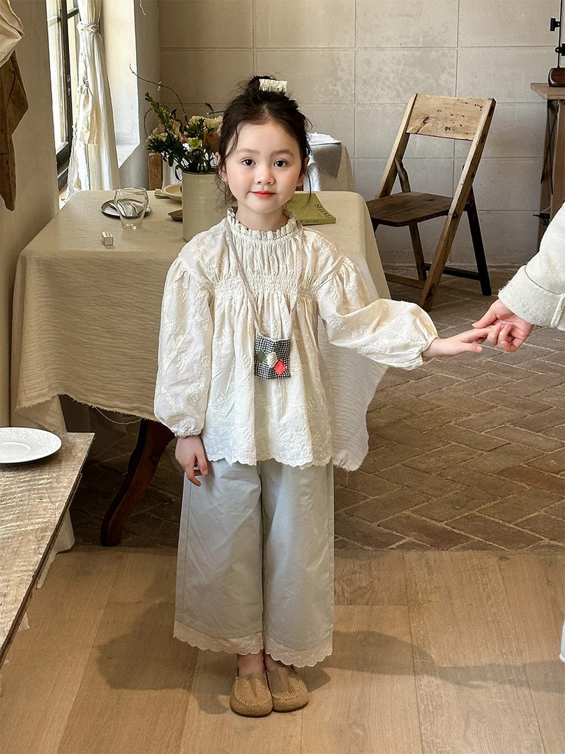 【BA黎-395】2025春新款女童米黄蕾丝花边领娃娃衫&浅蓝花边直筒裤