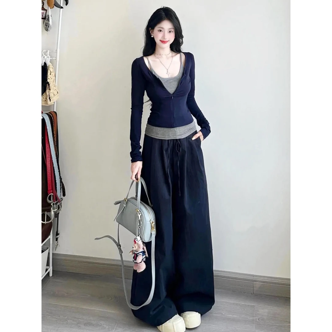 韩系早秋穿搭一整套辣妹纯欲风修身吊带开衫外套高腰阔腿裤三件套