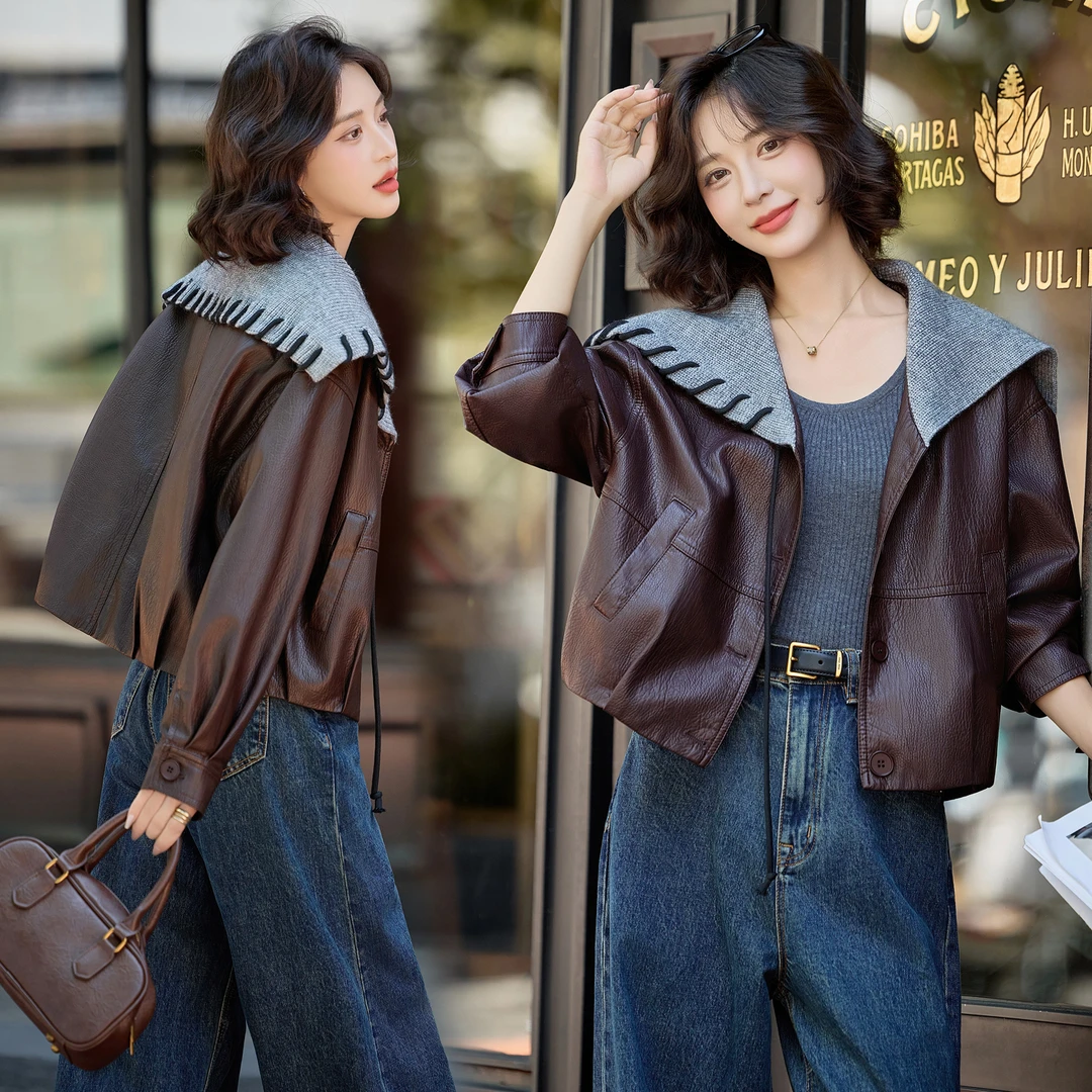 法式甜酷风皮衣女短款小香风pu皮外套2025秋季新款拼接高级感夹克