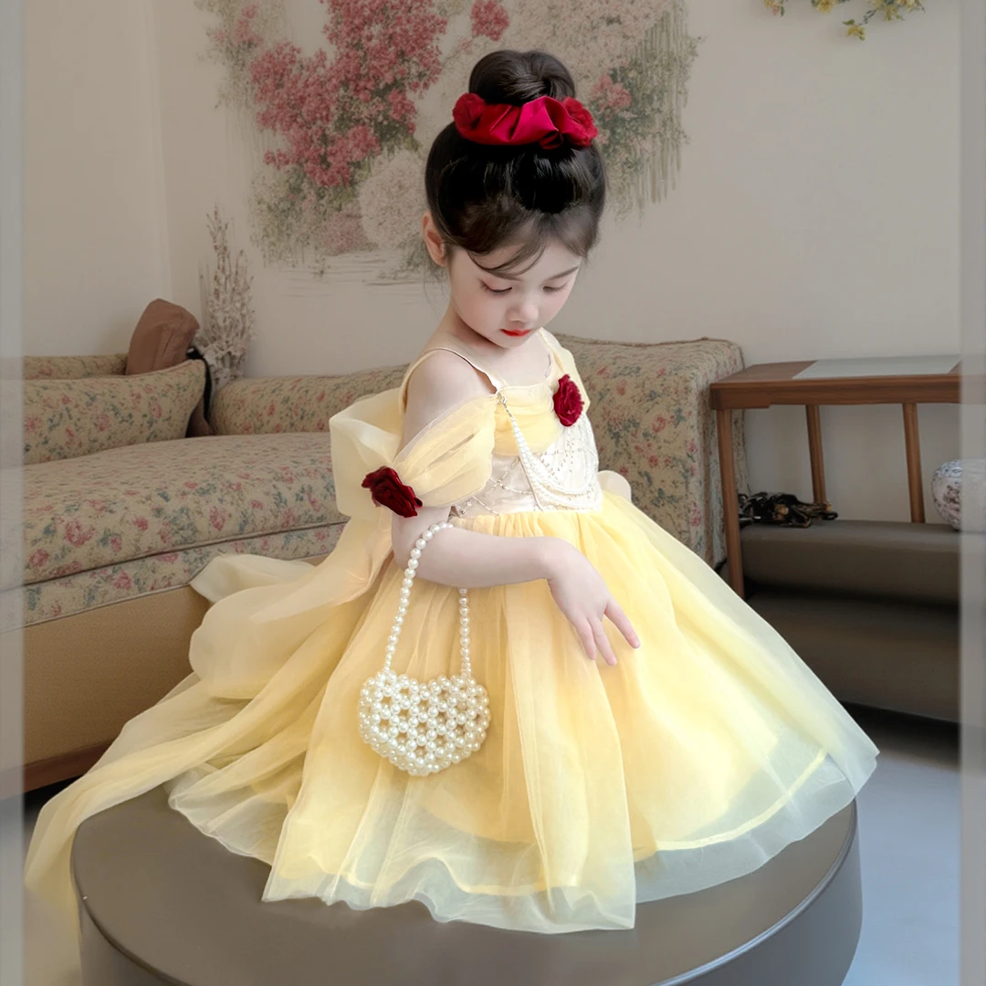女童夏季连衣裙儿童2025新款洋气玫瑰花吊带公主裙女孩生日礼服裙