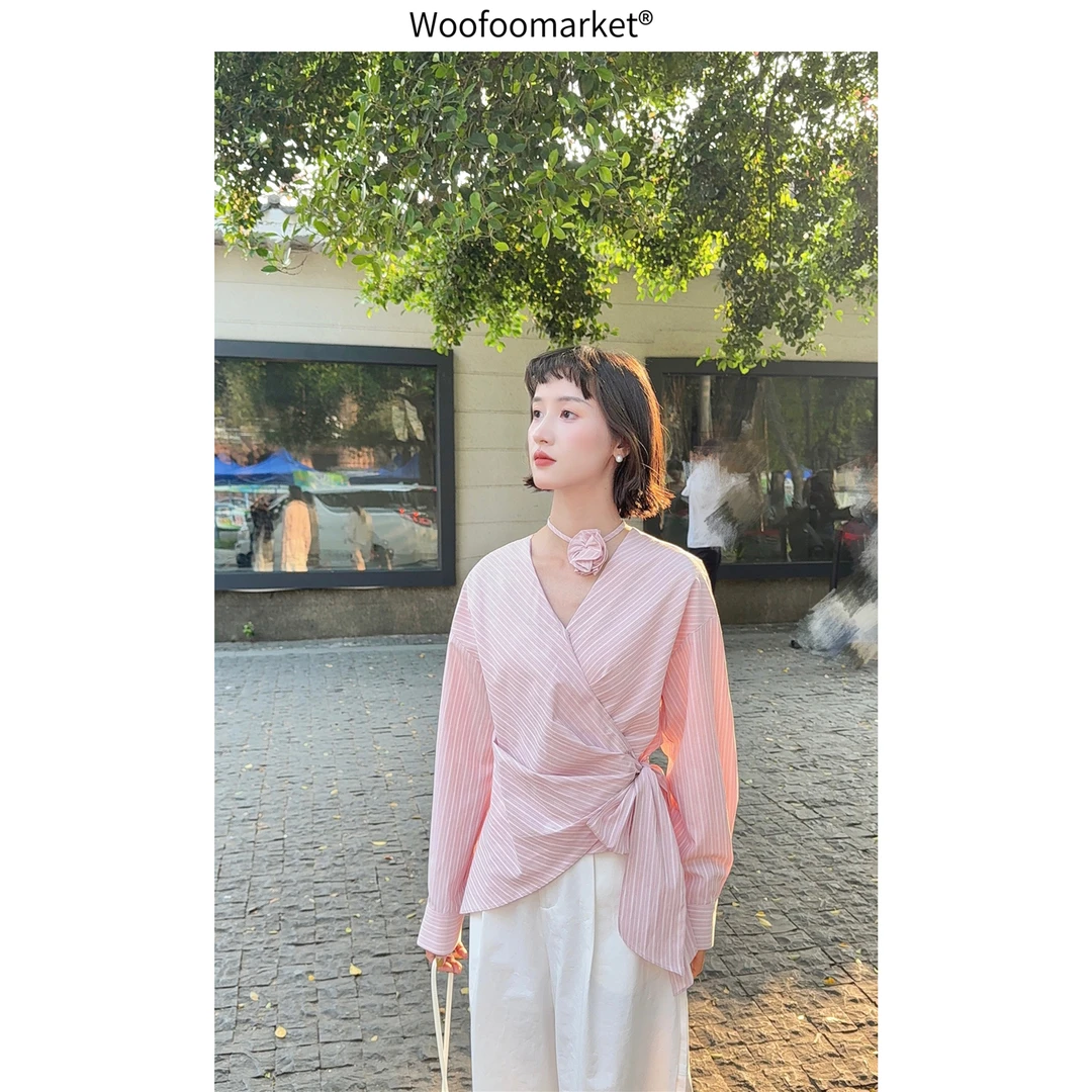 清！【海街日集】花朵系脖 条纹v领气质绑带衬衣女春夏  CY705